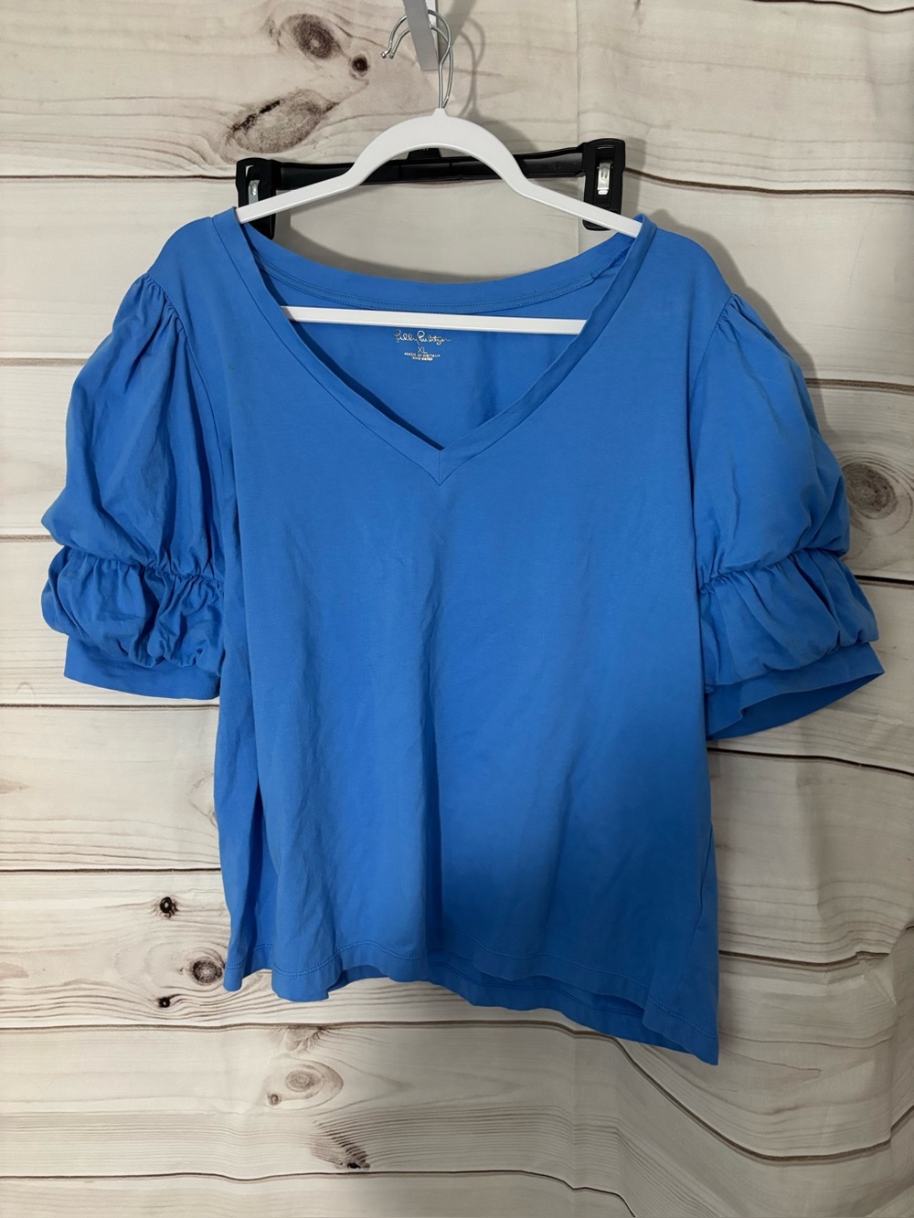 Lilly Pulitzer Cotton V-Neck Puff Sleeve Top - Blue